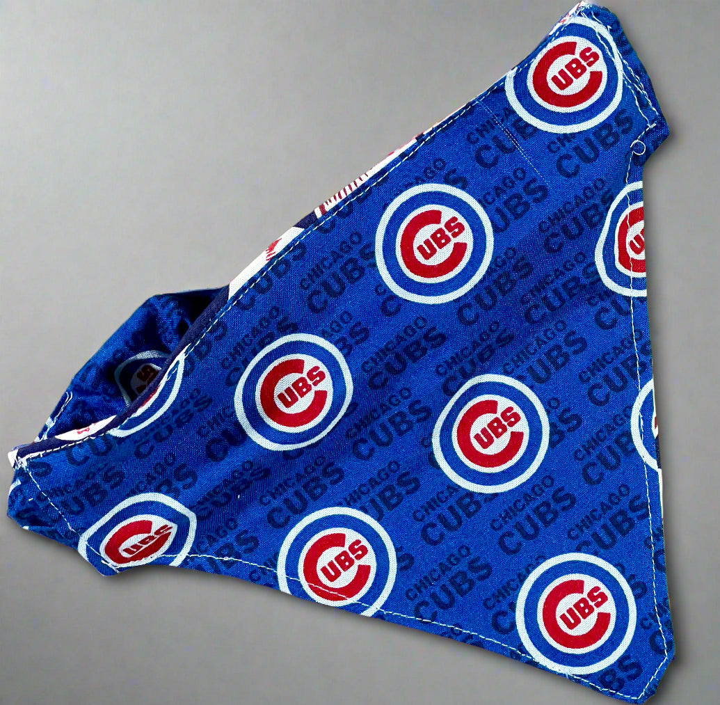 A blue pet bandana with the Chicago Cubs logo repeated across the surface.