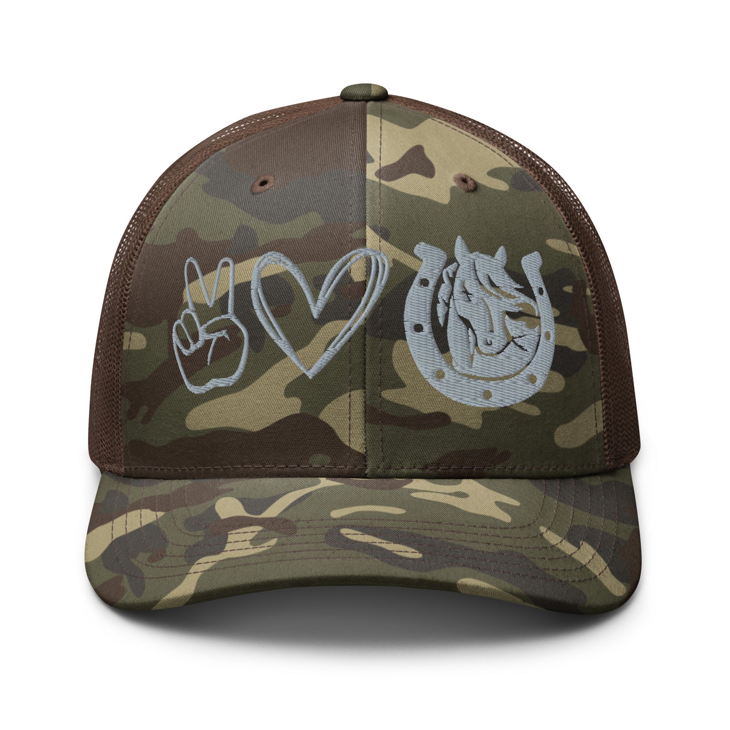 Peace, Love, Horses Camouflage trucker hat