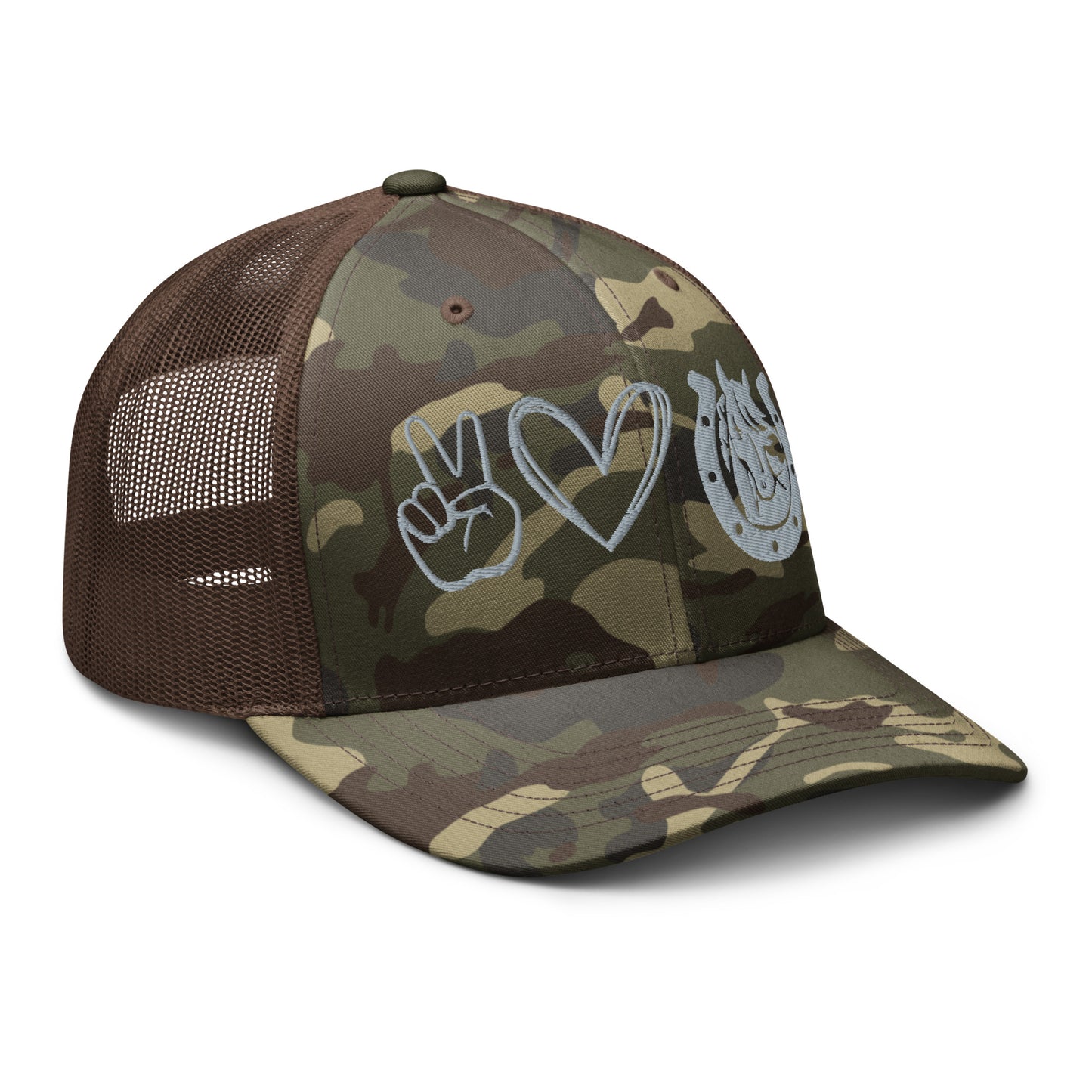Peace, Love, Horses Camouflage trucker hat