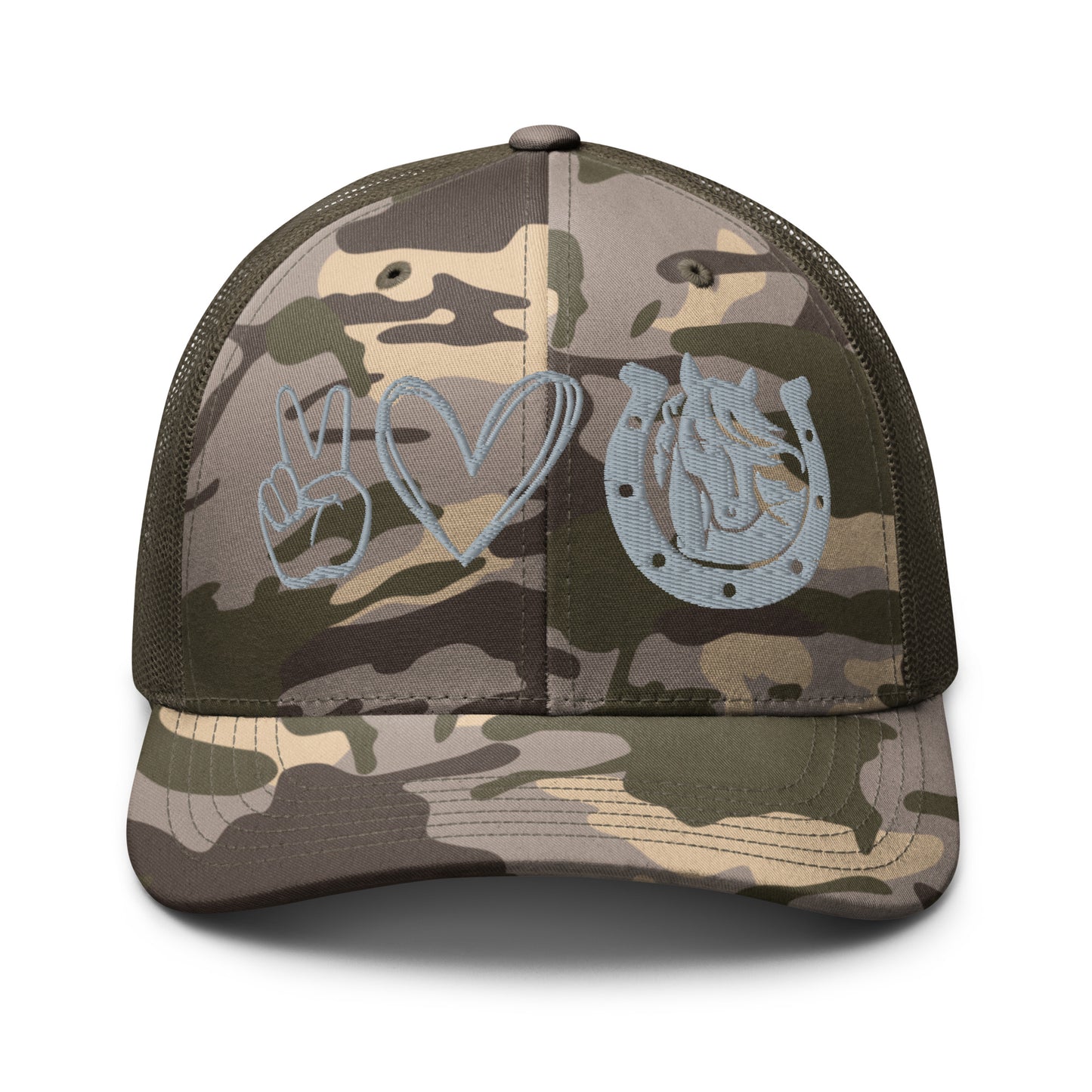 Peace, Love, Horses Camouflage trucker hat