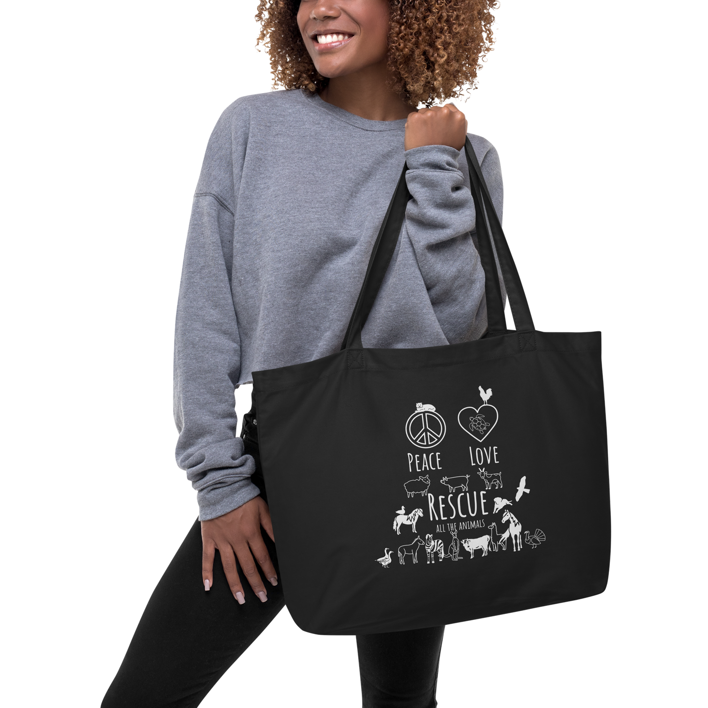 Peace, Love, Rescue All the Animals - large organic tote bag